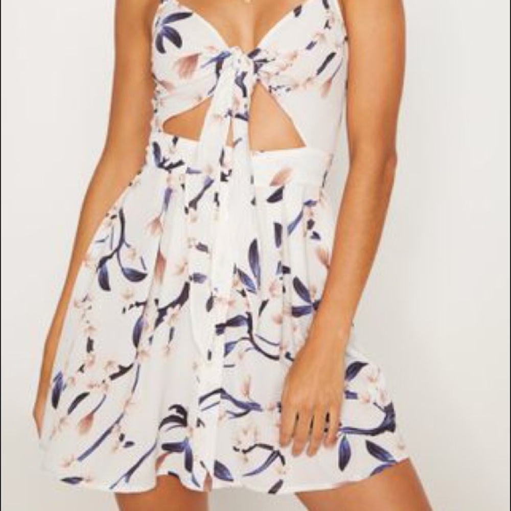 White Floral Button down Knot skater dress